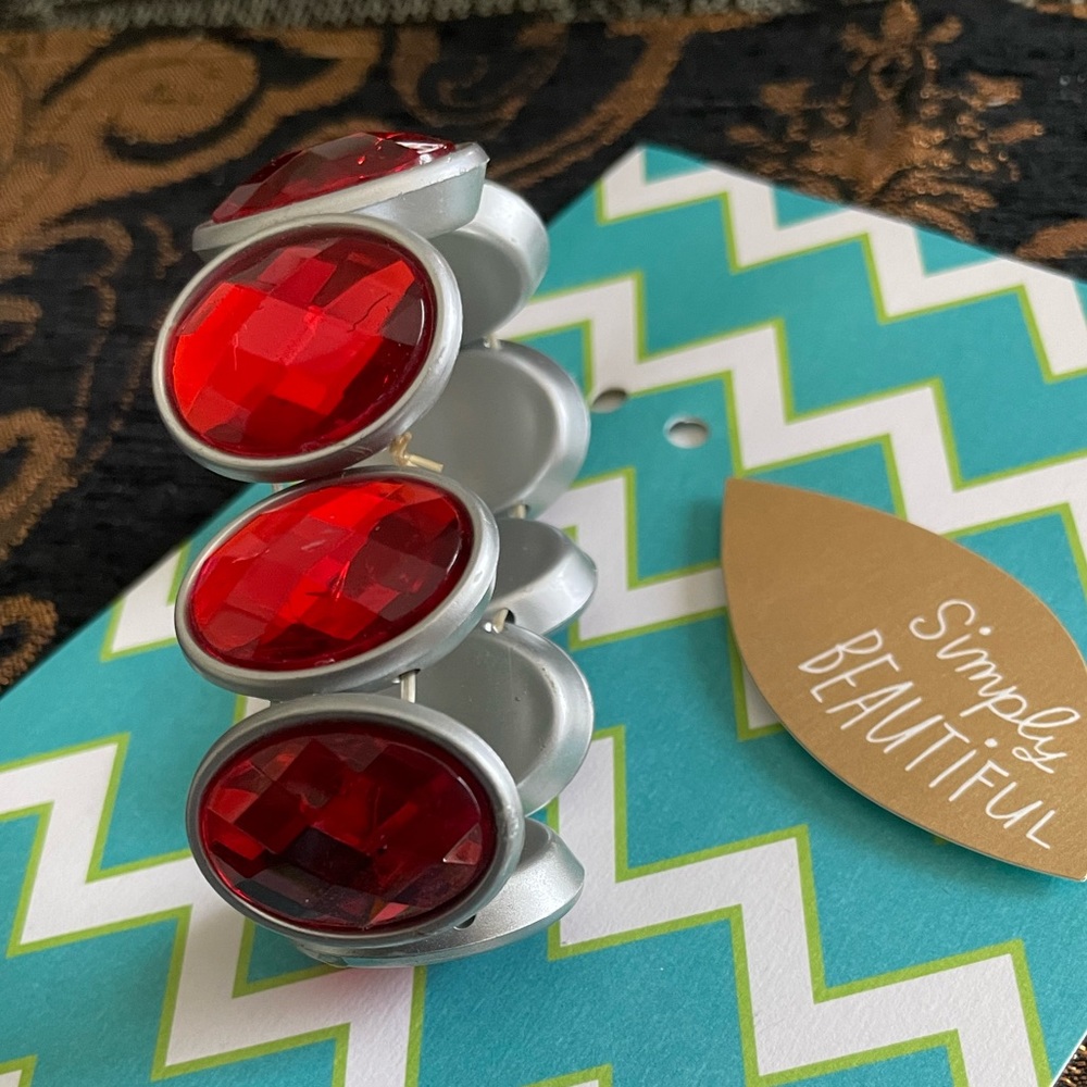 ♥️ RED / buff silver tone BIG CHUNKY Statement Bracelet comfy stretch jewelry!